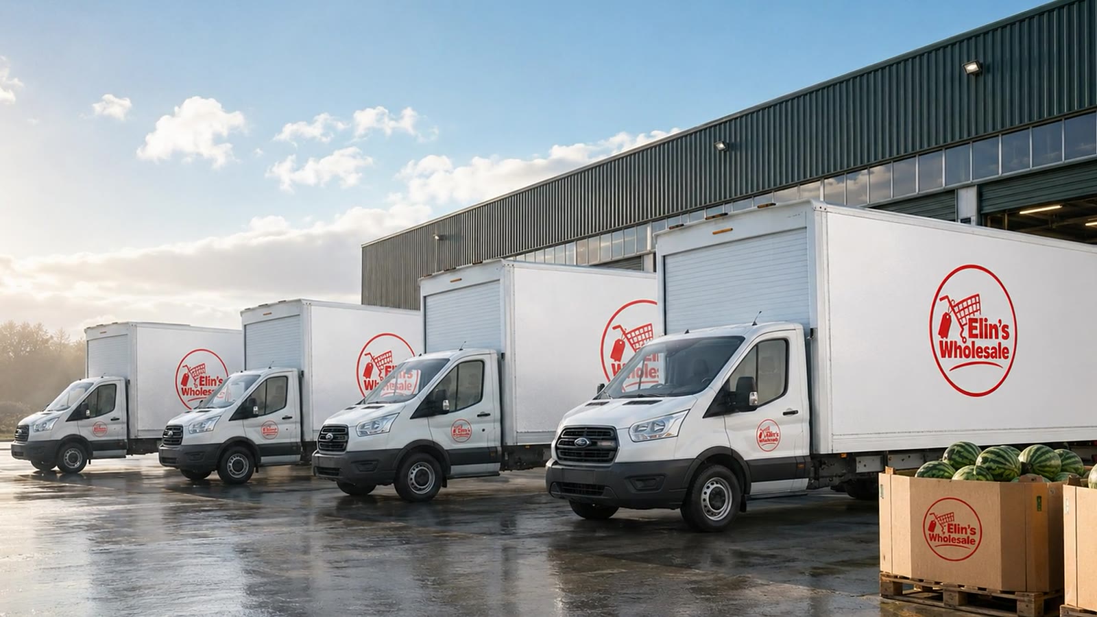 Elin's Wholesale branded white Luton fleet lined up outside the warehouse in the morning.