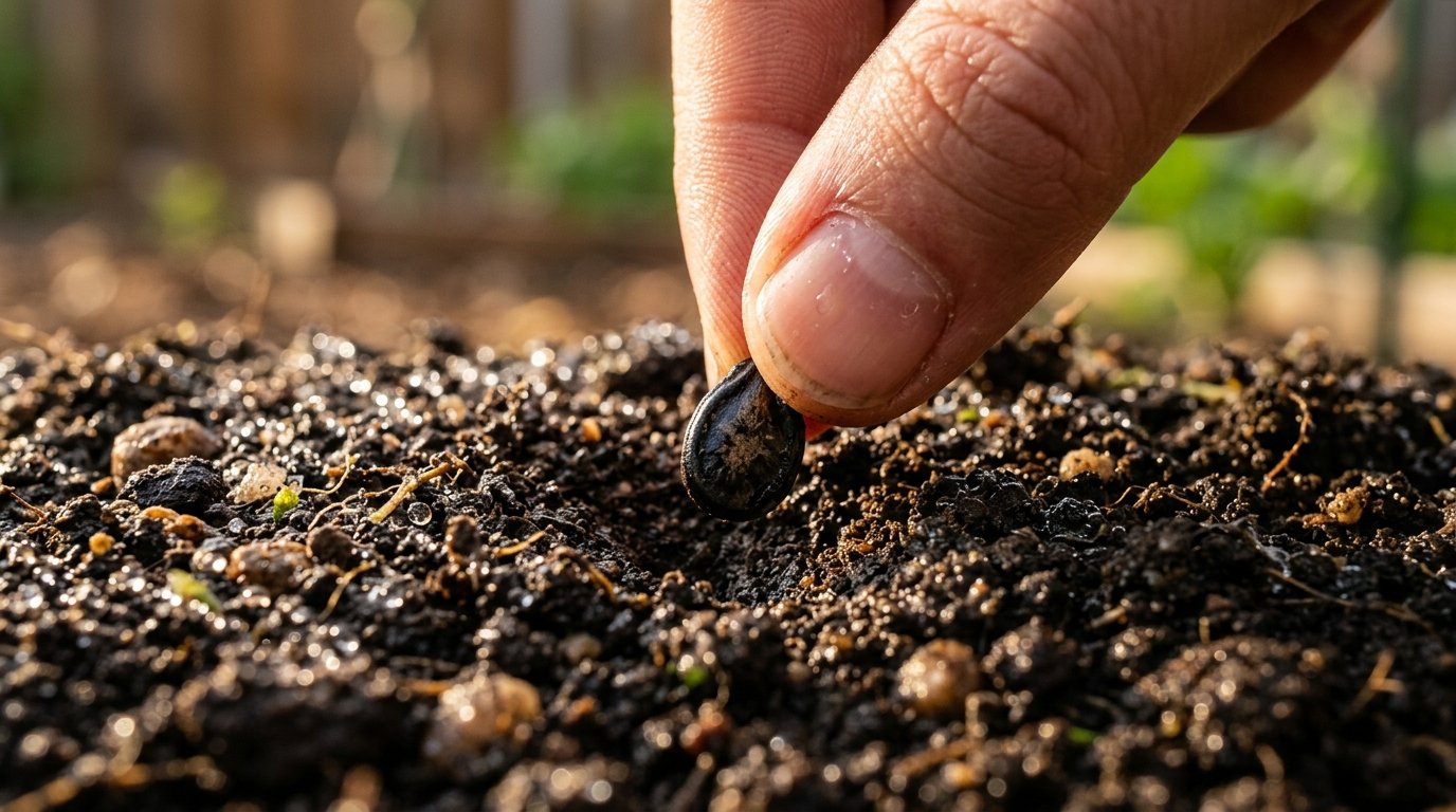 Close-up of a watermelon seed being placed into dark, rich soil.